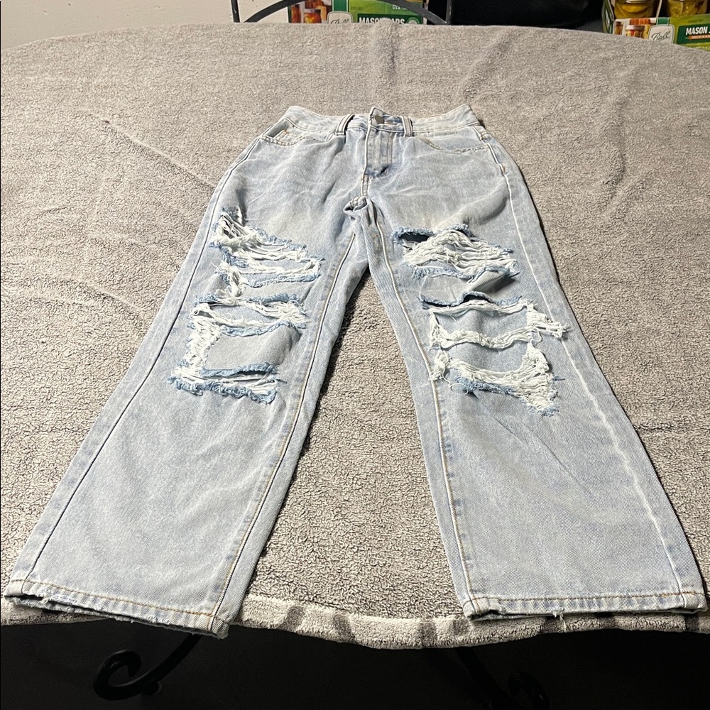 SHEIN Light Wash Ripped Boot-Cut Jeans